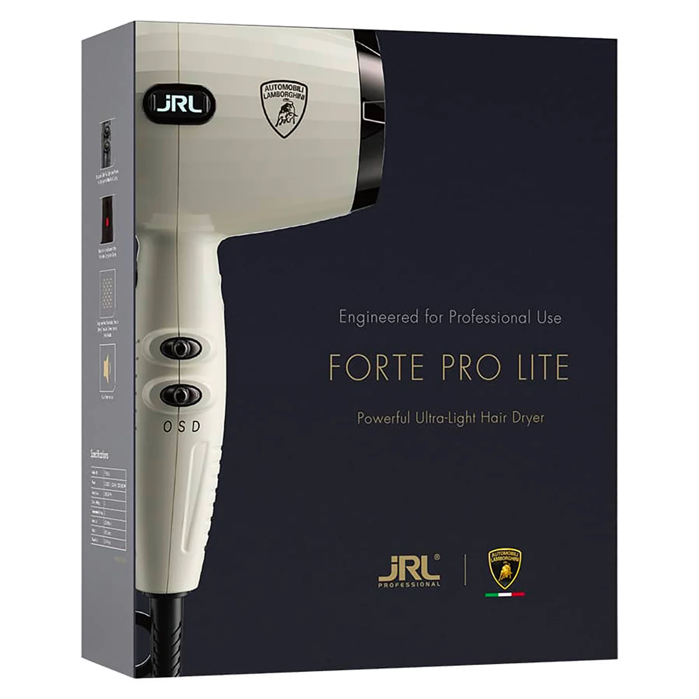 Boite du Photo du Sèche cheveux blanc de la marque JRL x Lamborghini modèle Forte Pro